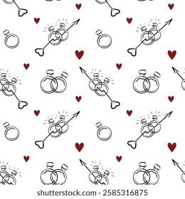 Wedding rings seamless pattern, amur arrow, cherub, hearts, love romantic pattern