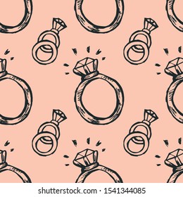 Wedding rings seamless pattern on a pink background.  Contour hand-drawn doodle vector  illustration.