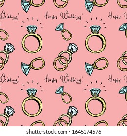 Wedding rings seamless pattern on a pink background. Hand drawn doodle color vector illustration.