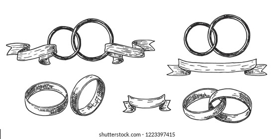 Wedding rings set. Wedding rings or bands in a vintage retro engraved etching woodcut style