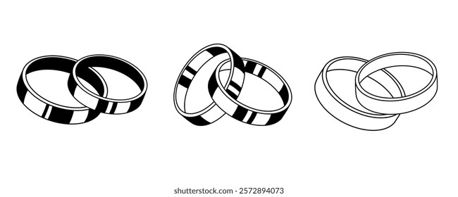 Wedding rings set. Black marriage isolated icons