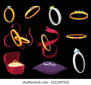 Wedding rings set. Different jewelry rings. Engagement symbols, gold jewellery for proposal marriage wed. Signs will you marry me