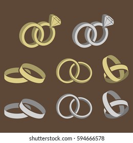 Wedding rings set of gold metal vector illustration