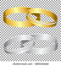 Wedding rings set of gold and silver metal on transparent background isolated vector illustration