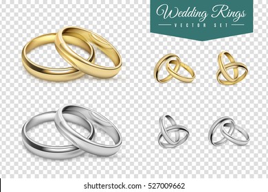 Wedding rings set of gold and silver metal on transparent background isolated vector illustration