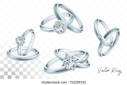 Wedding rings set of silver, palladium metal with diamonds, zircons and gems on transparent background isolated vector illustration for ads, flyers, wed site sale elements design