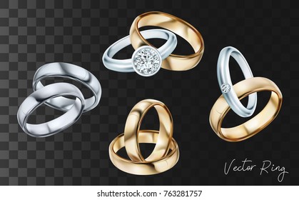 Wedding rings set of silver, palladium metal with diamonds, zircons and gems on transparent background isolated vector illustration for ads, flyers, wed site sale elements design