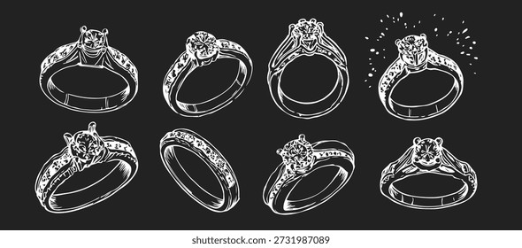 Anillos de boda en estilo dibujado a mano del dibujo del crayón. Dibujo de bodas. Ilustración vectorial de joyería