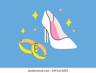 Wedding rings and shoes. Bride's wedding shoe. Delicate vector illustration in flat style. Colorful drawing on wedding and love themes for decoration and printing.