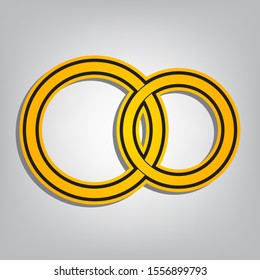 Wedding rings sign. Flat orange icon with overlapping linear black icon with gray shadow at whitish background. Illustration.