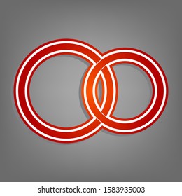 Wedding rings sign. Flat red icon with linear white icon with gray shadow at grayish background. Illustration.