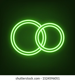 Wedding rings sign. Green neon icon in the dark. Blurred lightening. Illustration.