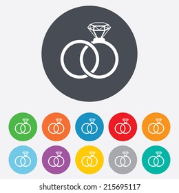 Wedding rings sign icon. Engagement symbol. Round colourful 11 buttons. Vector