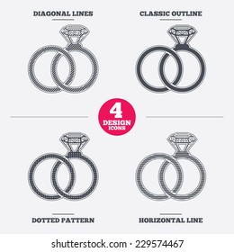 Wedding rings sign icon. Engagement symbol. Diagonal and horizontal lines, classic outline, dotted texture. Pattern design icons.  Vector