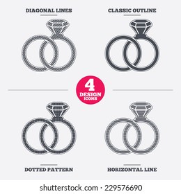 Wedding rings sign icon. Engagement symbol. Diagonal and horizontal lines, classic outline, dotted texture. Pattern design icons.  Vector