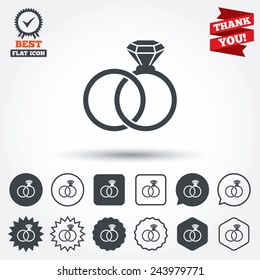 Wedding rings sign icon. Engagement symbol. Circle, star, speech bubble and square buttons. Award medal with check mark. Thank you. Vector