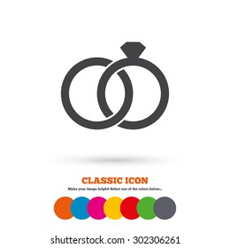 Wedding rings sign icon. Engagement symbol. Classic flat icon. Colored circles. Vector