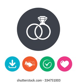 Wedding rings sign icon. Engagement symbol. Download arrow, handshake, tick and heart. Flat circle buttons.