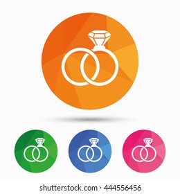 Wedding rings sign icon. Engagement symbol. Triangular low poly button with flat icon. Vector