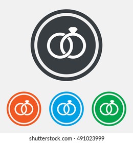 Wedding rings sign icon. Engagement symbol. Graphic design web element. Flat wedding rings symbol on the round button. Vector