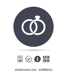 Wedding rings sign icon. Engagement symbol. Report document, information and check tick icons. Currency exchange. Vector