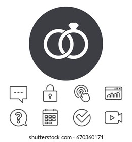 Wedding rings sign icon. Engagement symbol. Calendar, Locker and Speech bubble line signs. Video camera, Statistics and Question icons. Vector