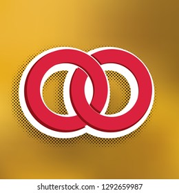 Wedding rings sign illustration. Vector. Magenta icon with darker shadow, white sticker and black pop art shadow on golden background.