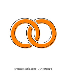 Wedding rings sign illustration. Vector. Black line icon with shifted flat orange filled icon on white background. Isolated.