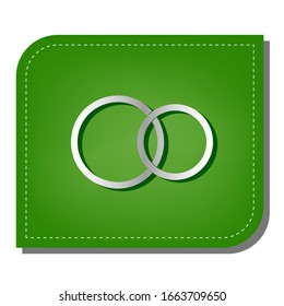 Wedding rings sign. Silver gradient line icon with dark green shadow at ecological patched green leaf. Illustration.