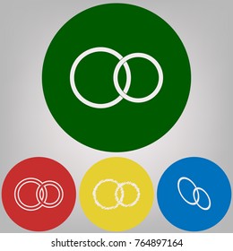 Wedding rings sign. Vector. 4 white styles of icon at 4 colored circles on light gray background.