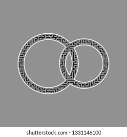 Wedding rings sign. Vector. Black maze filled icon with white border at gray background.
