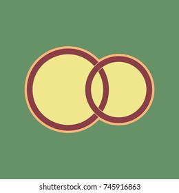 Wedding rings sign. Vector. Cordovan icon and mellow apricot halo with light khaki filled space at russian green background.
