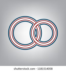 Wedding rings sign. Vector. Dark red, transparent and midnight green stroke of white icon at grayish background.