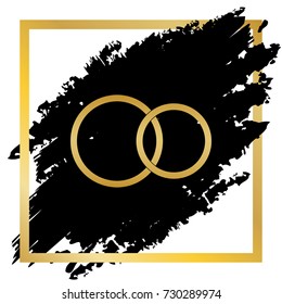 Wedding rings sign. Vector. Golden icon at black spot inside golden frame on white background.