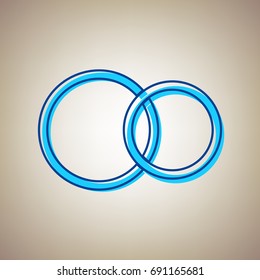 Wedding rings sign. Vector. Sky blue icon with defected blue contour on beige background.