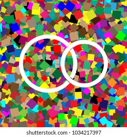Wedding rings sign. Vector. White icon on colorful background with seamless pattern from squares.