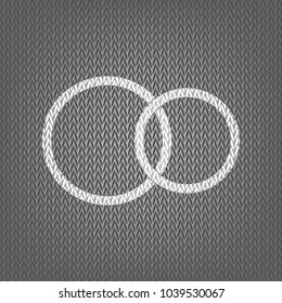 Wedding rings sign. Vector. White knitted icon on gray knitted background. Isolated.