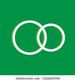 Wedding rings sign. Vector. White flat icon with yellow striped shadow at green background.