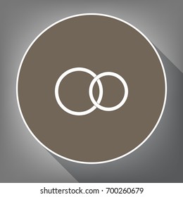 Wedding rings sign. Vector. White icon on brown circle with white contour and long shadow at gray background. Like top view on postament.