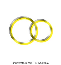 Wedding rings sign. Vector. Yellow icon with square pattern duplicate at white background. Isolated.