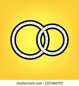 Wedding rings sign. Vector. Yellow polka dot white icon with black contour at warm yellow background.
