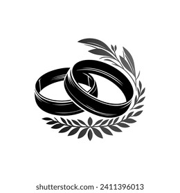 Silhouette de Anillos de Bodas , anillos indestructibles. A los símbolos les encantan. Anillo de bodas esquinaje minimalista vector silueta negra y hojas. 