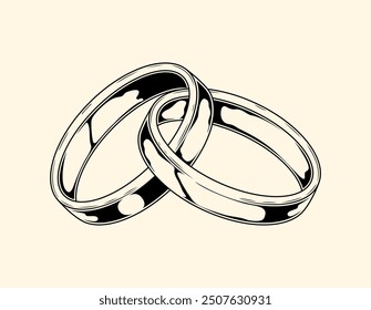 Hochzeitsringe Silhouette. Isolierte Vektorgrafik im Hintergrund. Schmuck-Accessoire für die Trauung, Kreativität, Kunst, Liebe, Romantik. Vorlage und Layout. Linear flach. Grafikelement. Schmuck 