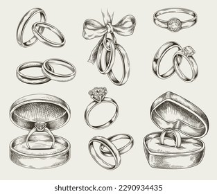 Wedding rings sketch set. Couple symbols of love. Jewelry marriage proposal, for bride and groom. Black illustrations with valuable diamonds. Hand drawn vector collection isolated on white background