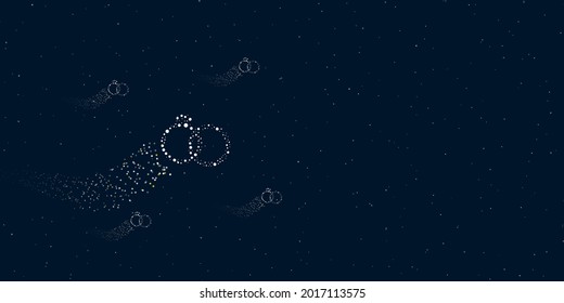A wedding rings symbol filled with dots flies through the stars leaving a trail behind. There are four small symbols around. Vector illustration on dark blue background with stars
