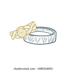 Wedding rings trending vector illustration. Jewelry. Linear art. Icon for wedding agencies, photographers, and retail stores.