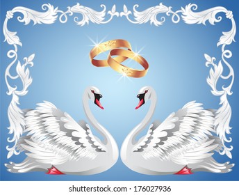 Wedding rings and two swans in retro frame
