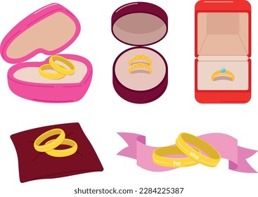 Anillos de boda en varias cajas y en una almohada, ilustración vectorial