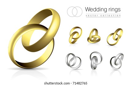 Wedding rings vector collection isolated on white background with shadow and reflection