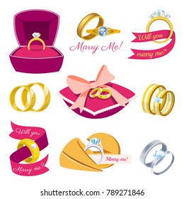 Wedding rings vector engagement symbol gold silver jewellery for proposal marriage wed sign will you marry me bridal illustration set isolated on white background